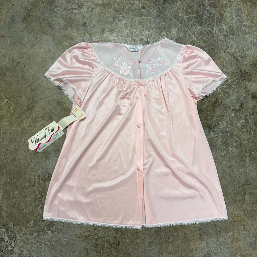 Vintage Vanity Fair Pink Satin Bed Jacket Nightie, Embroidered Lace - Size S